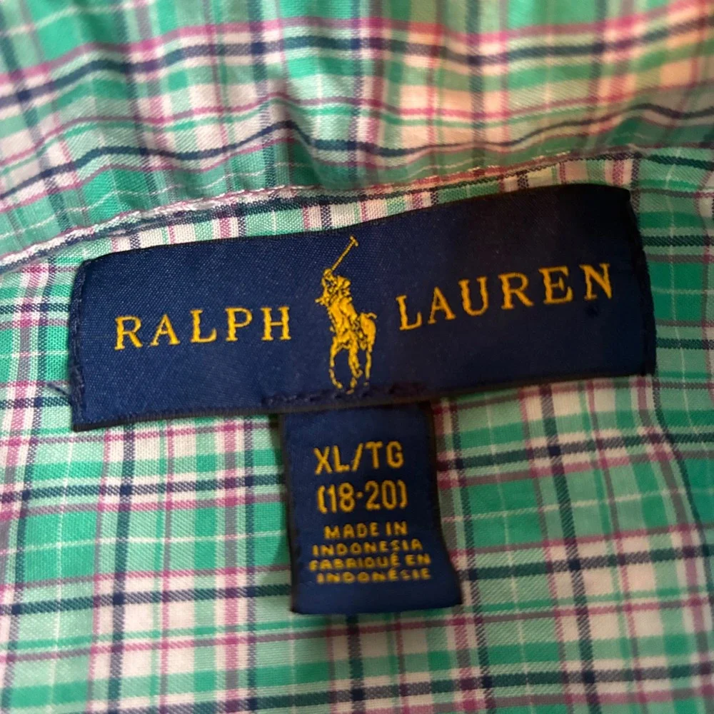 Ralph Lauren Boys XL 18-20 Green Plaid Button Down Shirt Long Sleeve Cotton
